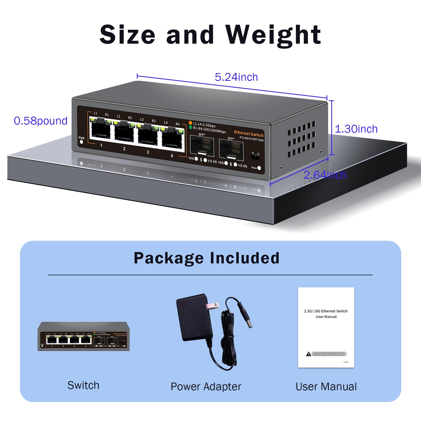 Commutateur Ethernet non-géré 2,5G à 6 ports, 4 x ports 2,5G Base-T, 2 x SFP 10G, pour 100/1000/2500Mbps, VLAN, commutateur réseau 2,5G sans ventilateur, design de bureau/montage mural pour NAS/PC (6)
