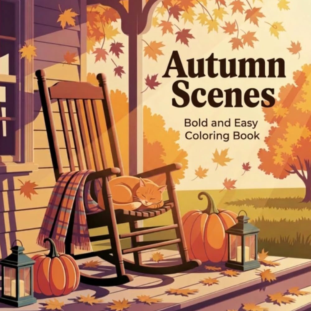 Cozy Autumn Scenes Coloring Book: Bold and Easy Coloring Book for Adults and Teens | Relaxing Fall Porches, Pumpkins, Falling Leaves and Peaceful Seasonal Designs