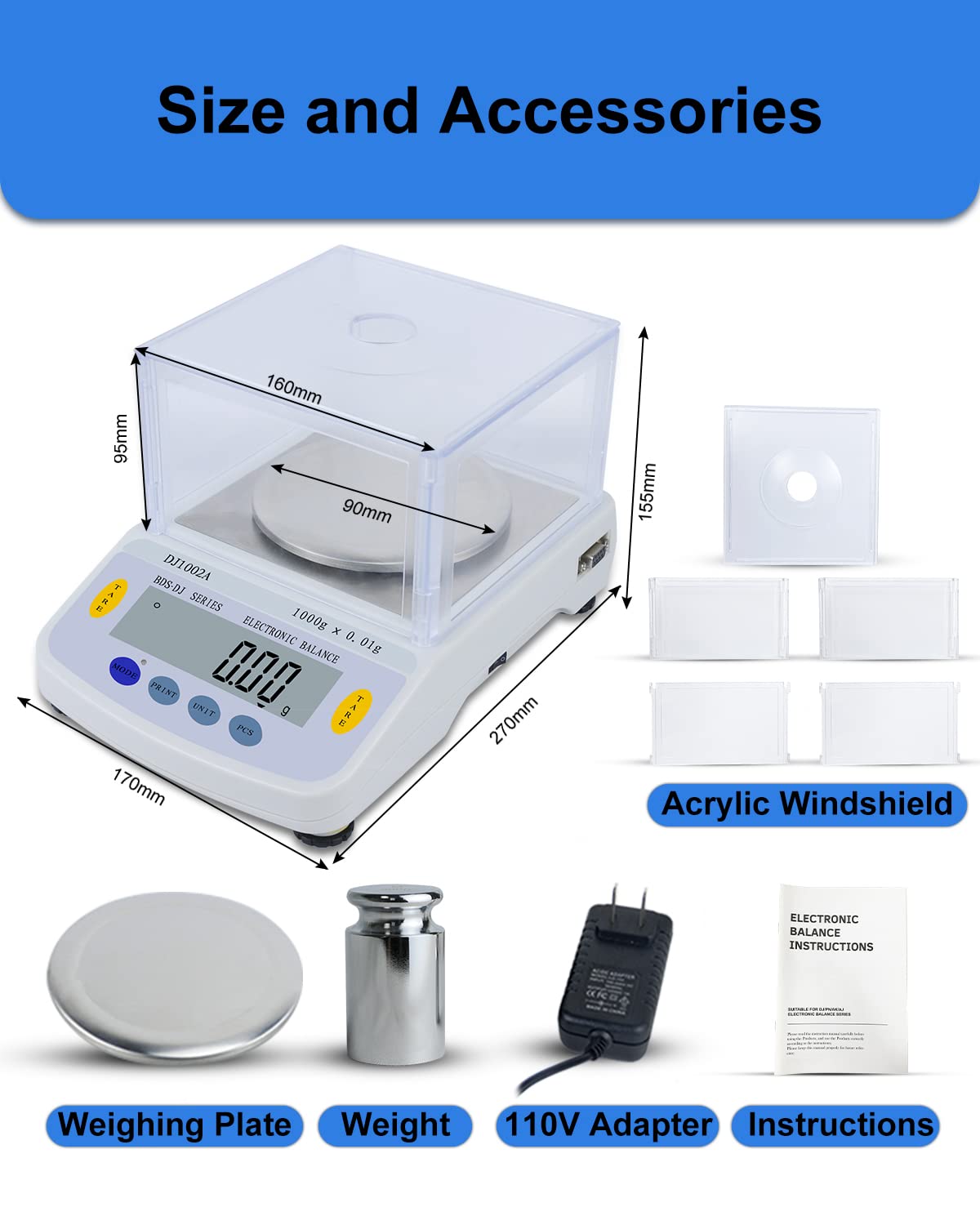 Precision Lab Scale 1000gx0.01 Gram Resolution, 10mg LCD Lab Analytical Scale/Kitchen Scale/Medicine Scale/Industrial Scale/Gold Scales（Support Printing）