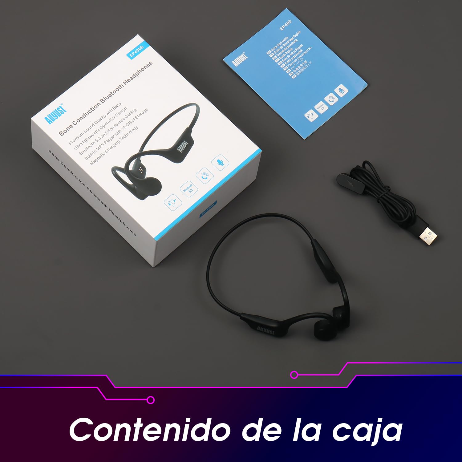 August EP400 Auriculares de Conducción Ósea Bluetooth 5.3, MP3 16 GB, IP68