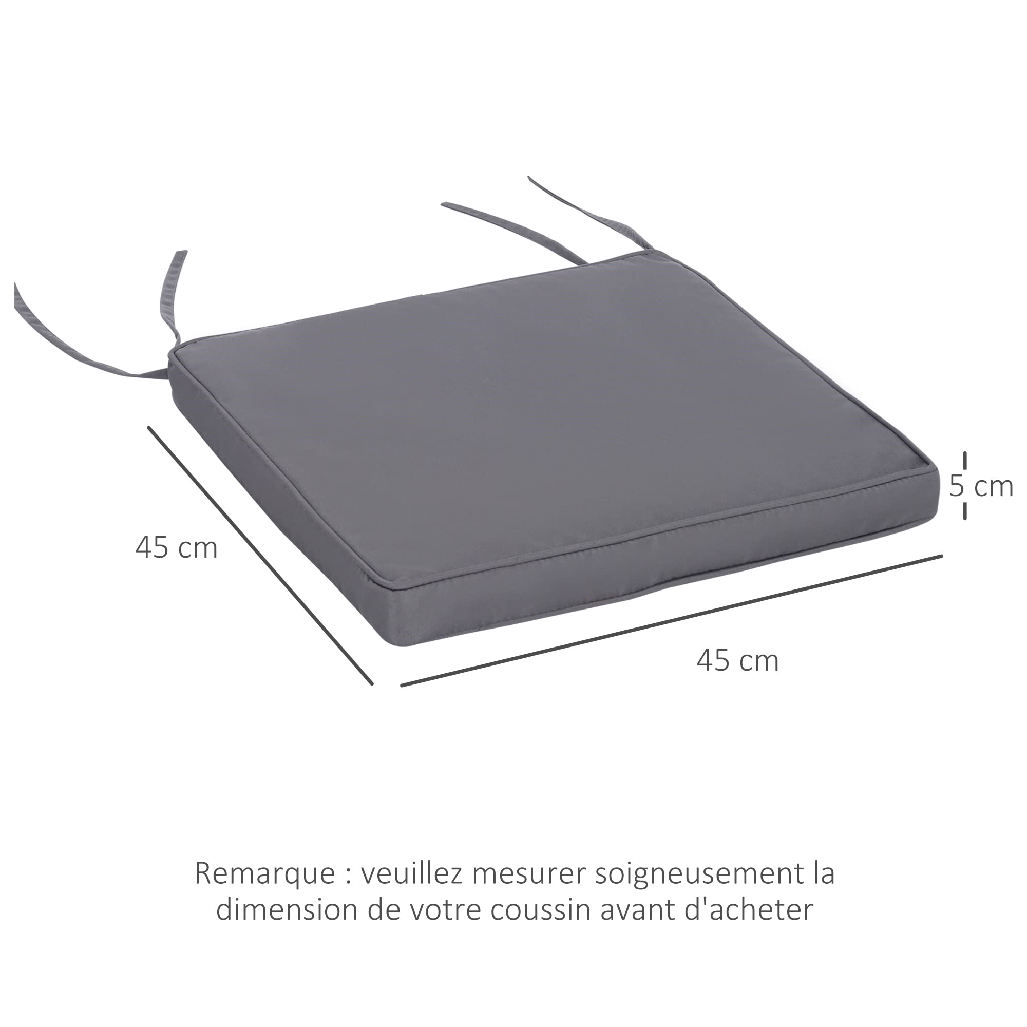 Outsunny Lot de 2 Coussins de Chaise de Jardin Coussin Chaise extérieur Coussins d'assise déhoussables Rembourrage 5 cm Tissu Polyester dim. 45L x 45l cm Gris foncé