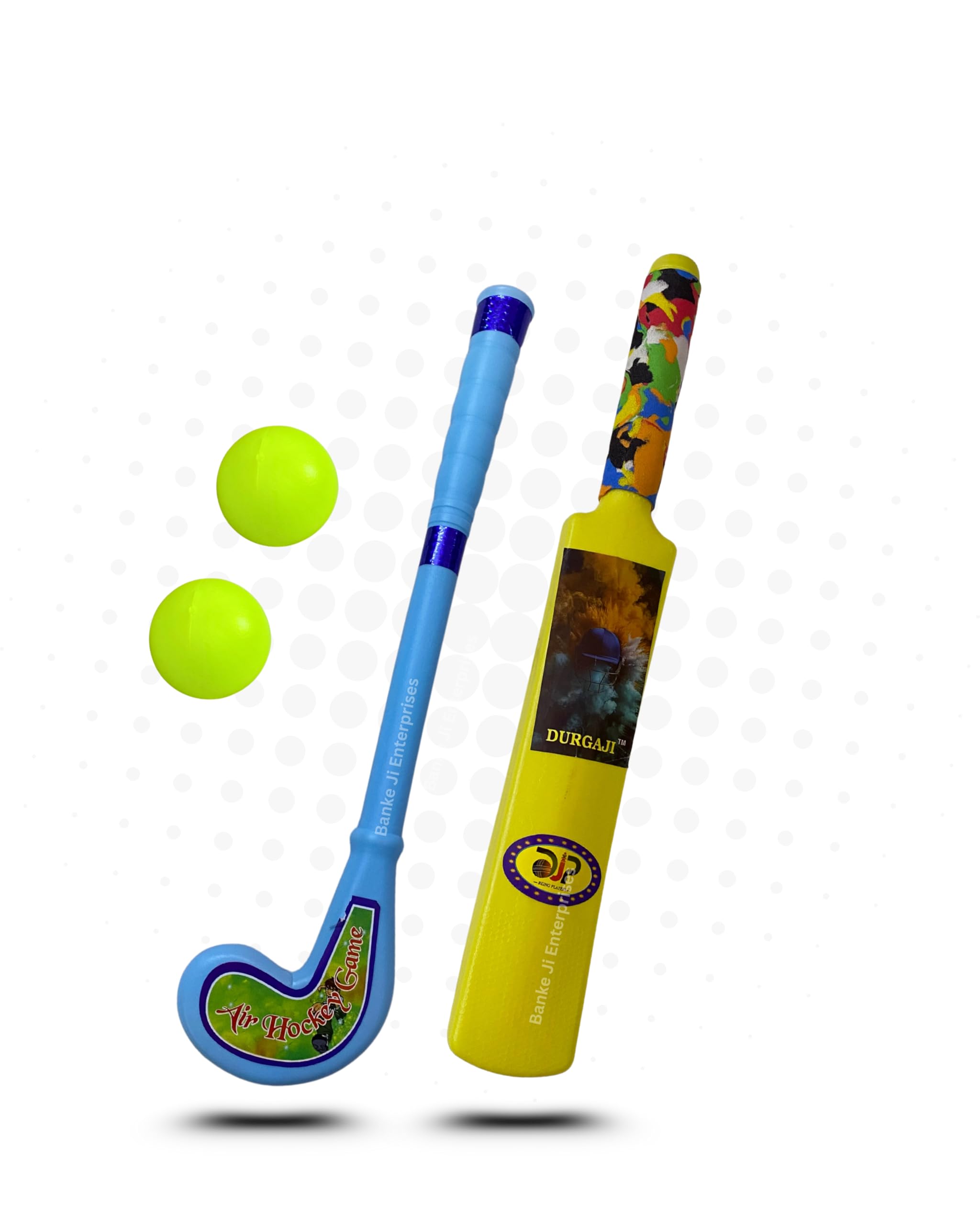 Banke Ji 3 in 1 Sports Combo - Cricket Bat, Hockey Stick, Tennis Racquet with Balls (Yellow Cricket Bat, Blue Hockey Stick & Blue Racket) 2