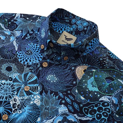 Men's Blue Hawaiian Shirt Short Sleeve Button-Down Sea Turtle Shirt 100% Cotton Blue Aloha Reef Rules2