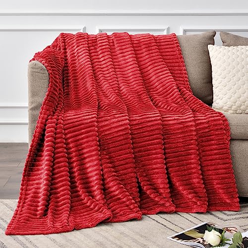 Image of BEDELITE Fleece Throw Blanket for Couch - 3D Ribbed Jacquard Soft and Warm Decorative Fuzzy Blanket - Cozy, Fluffy, Plush Lightweight Red Throw Blankets for Bed, Sofa, 50x60 inches