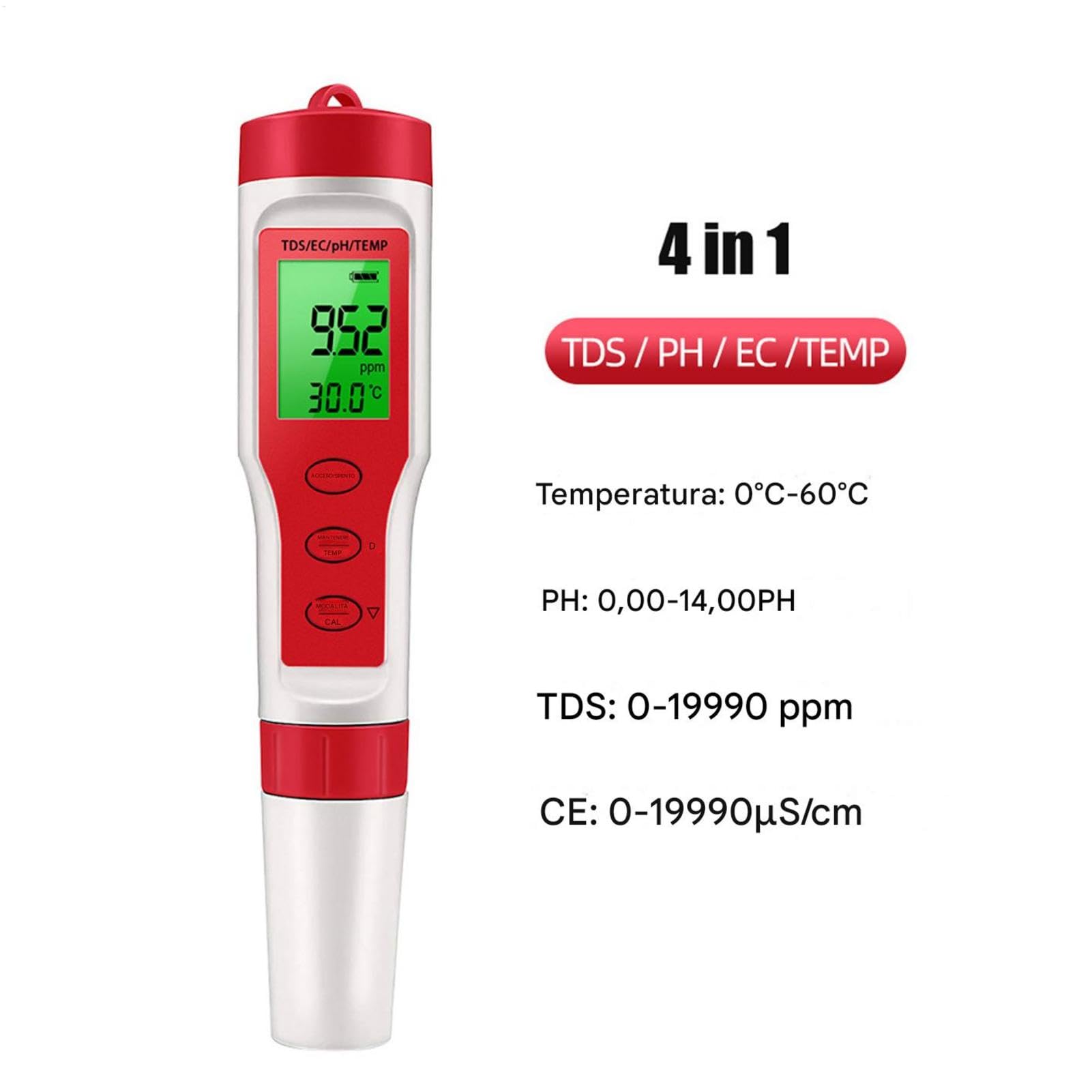 PH Reader per acqua, Water PH Tester, Elevata precisione 4 in 1 PH Digital PH METER, Misuratore di temperatura EC, strumento di test per i nutrienti che coltivano il giardinaggio idroponico