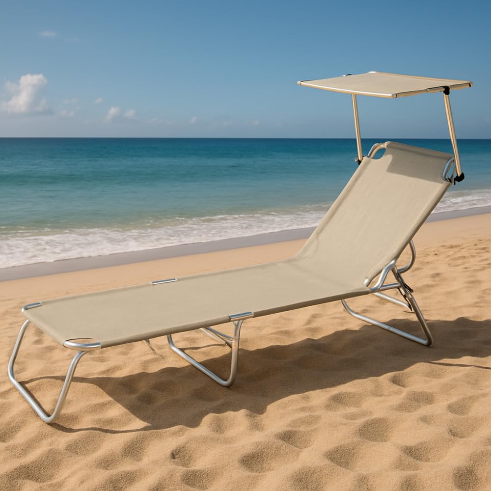 VIRSUS Lettino Prendisole Pieghevole 180x55x90 cm Textilene Metallo Tubolare 18mm Peso Max 120kg Beige