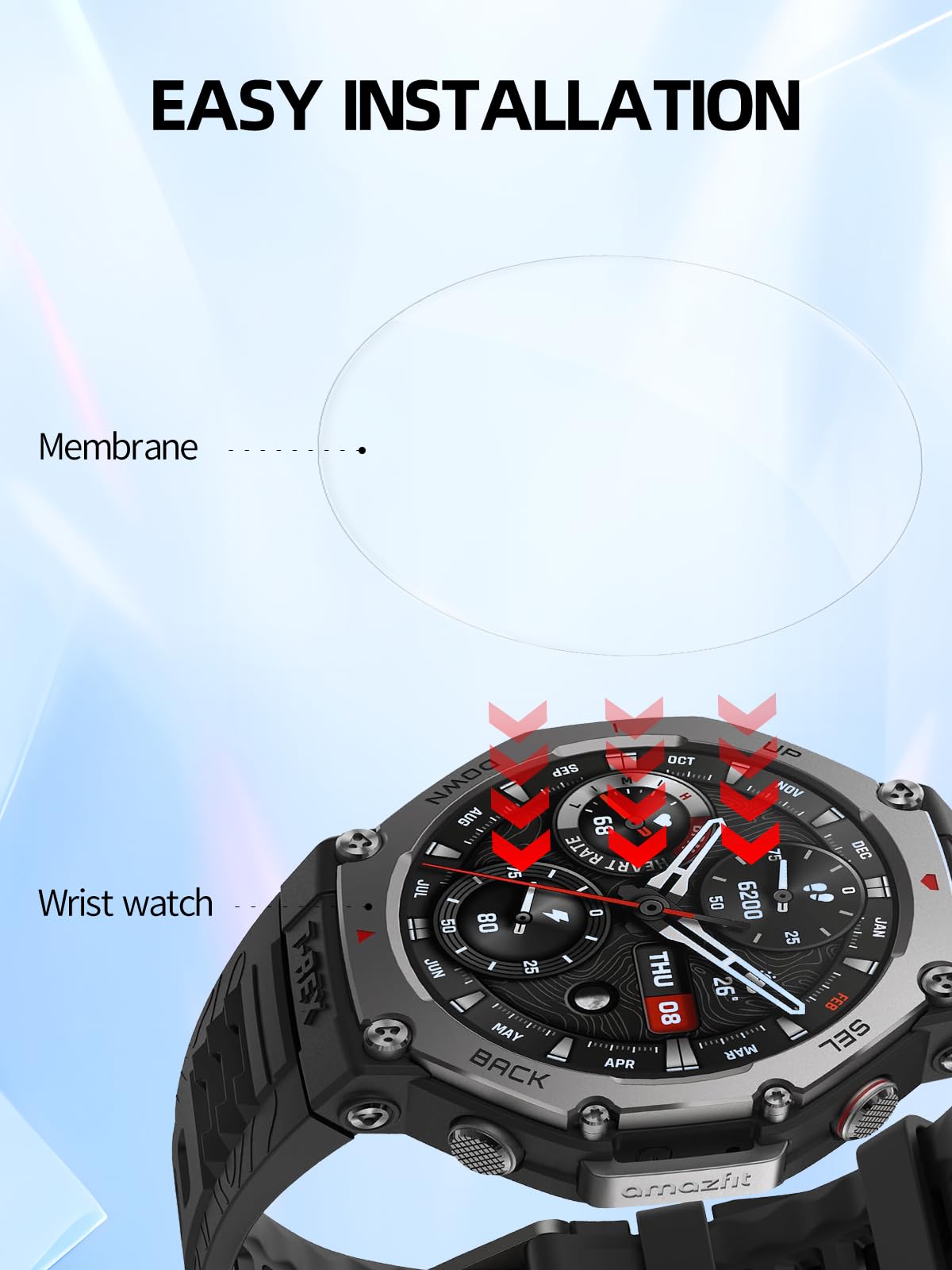 BOVUGAC Folia ochronna ze szkła hartowanego do Amazfit T-Rex 3, kompatybilna z Amazfit T-Rex-3 48 mm, Smartwatch, odporna na zarysowania, odporna na upadki, 3 sztuki w opakowaniu