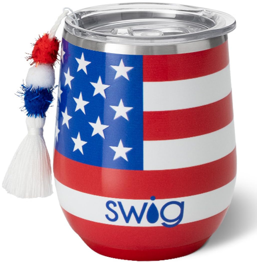 Swig Life 12oz Wine Tumbler with Lid, Stainless Steel, Dishwasher Safe, Portable, Triple Insulated Wine Tumbler (All American)