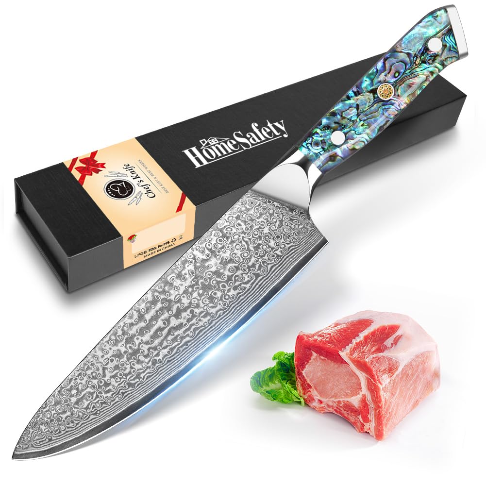 Home Safety Coltello Damasco da Chef con Lama Estremamente Affilata da 20 cm in 67 Strati di Acciaio Damasco VG-10 Coltello da Cucina Damasco da Carne, Manico in Abalone, Confezione Regalo