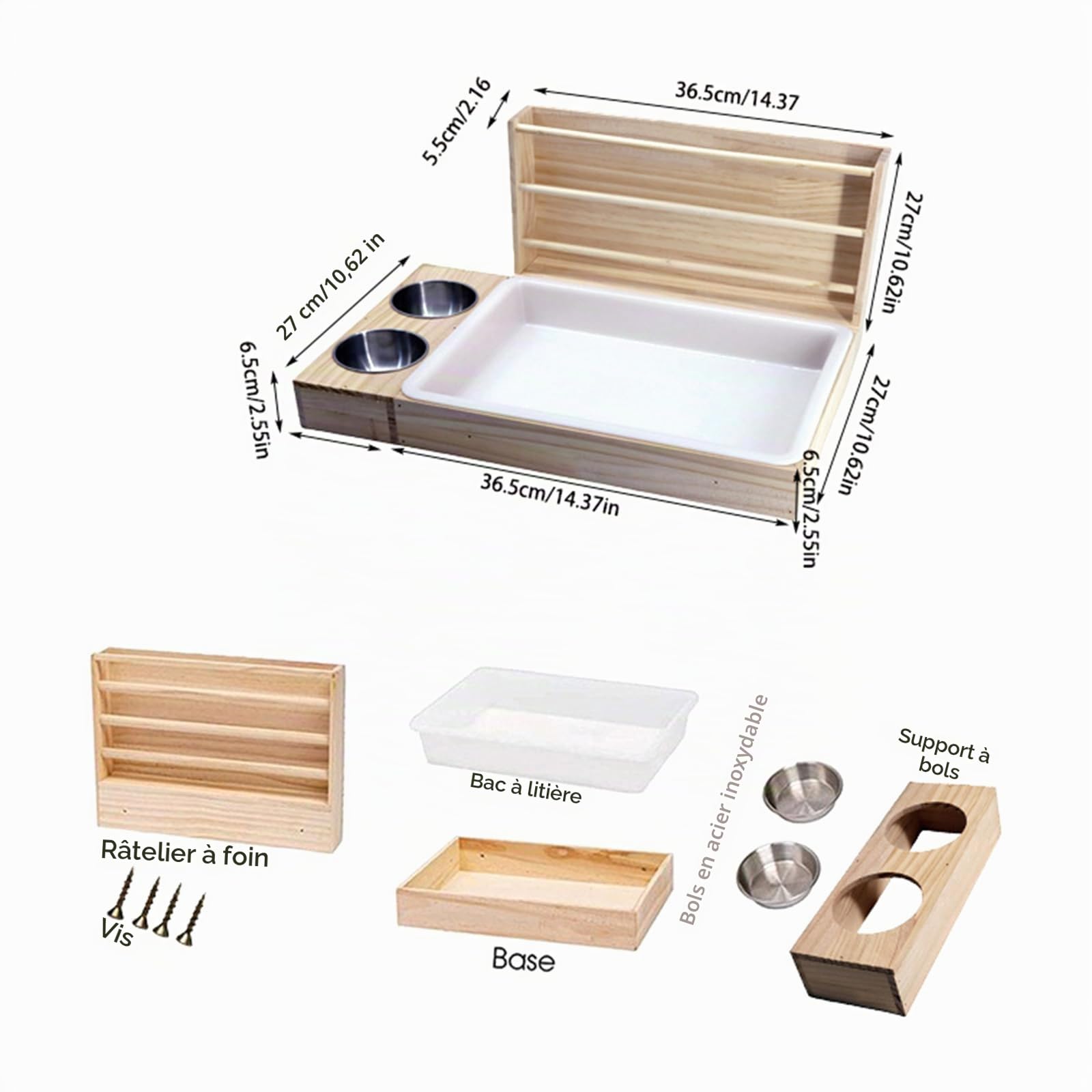 Harilla 3 en 1 Râtelier à Foin en Bois, Mangeoire à Foin avec Bac à Litière, Mangeoire Multifonction Facile à Nettoyer en Bois, Distributeur pour Lapin, Cochons d'Inde, Hamsters, Petits Animaux
