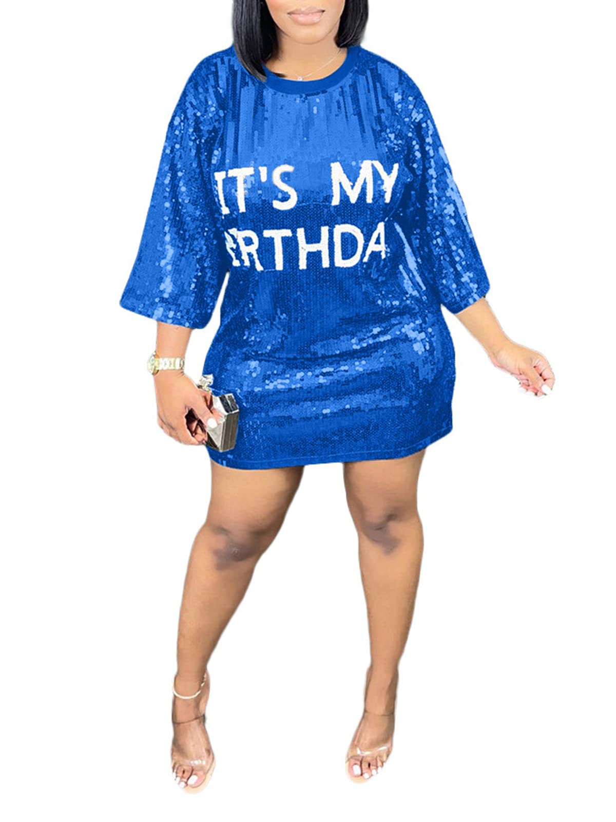 ALLUMK Women Sexy Glitter Sequin Shirts Dress Letter Graphic Print Half Sleeve Party Club Short Dress
