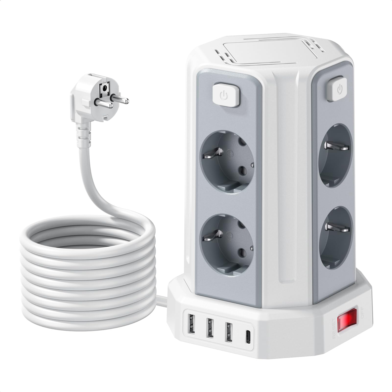 5 Metri Sameriver Ciabatta Elettrica Multipresa, con 8 Prese e 3 USB A+1 USB C(2500W/10A), protezione Sovratensione con interruttori indipendenti,Bianco F (Schuko) | 8 Prese, 3 USB A + 1 USB C, 2500W/10A, Protezione Sovratensione, Interruttori Indipendent
