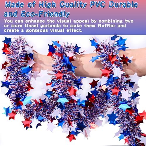 Image of 50 Feet Patriotic Tinsel Garland 4th of July Decorations, Red White and Blue Tinsel Garlands Metallic Glitter Garland for Fourth July Independence Day Memorial Day Outdoor Indoor Decor