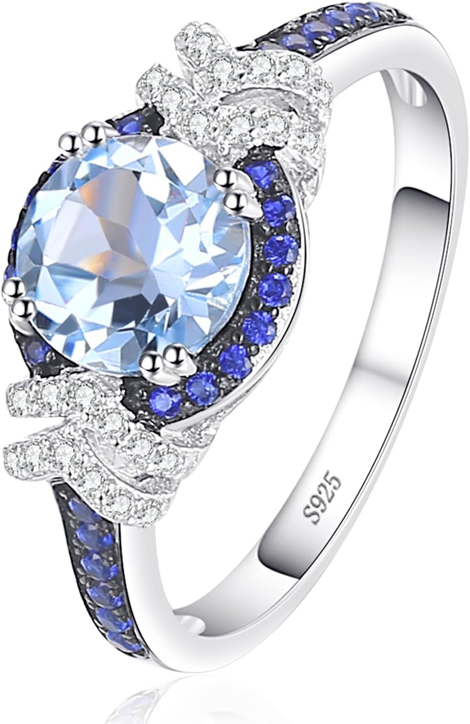 Round Cut Halo Ring for Women with Natural Sky Blue Topaz in 925 Sterling Silver, Blue Birthstone 14k White/Black Gold Plated Promise Engagement Ring for Her, Anniversary Birthday Jewelry Set