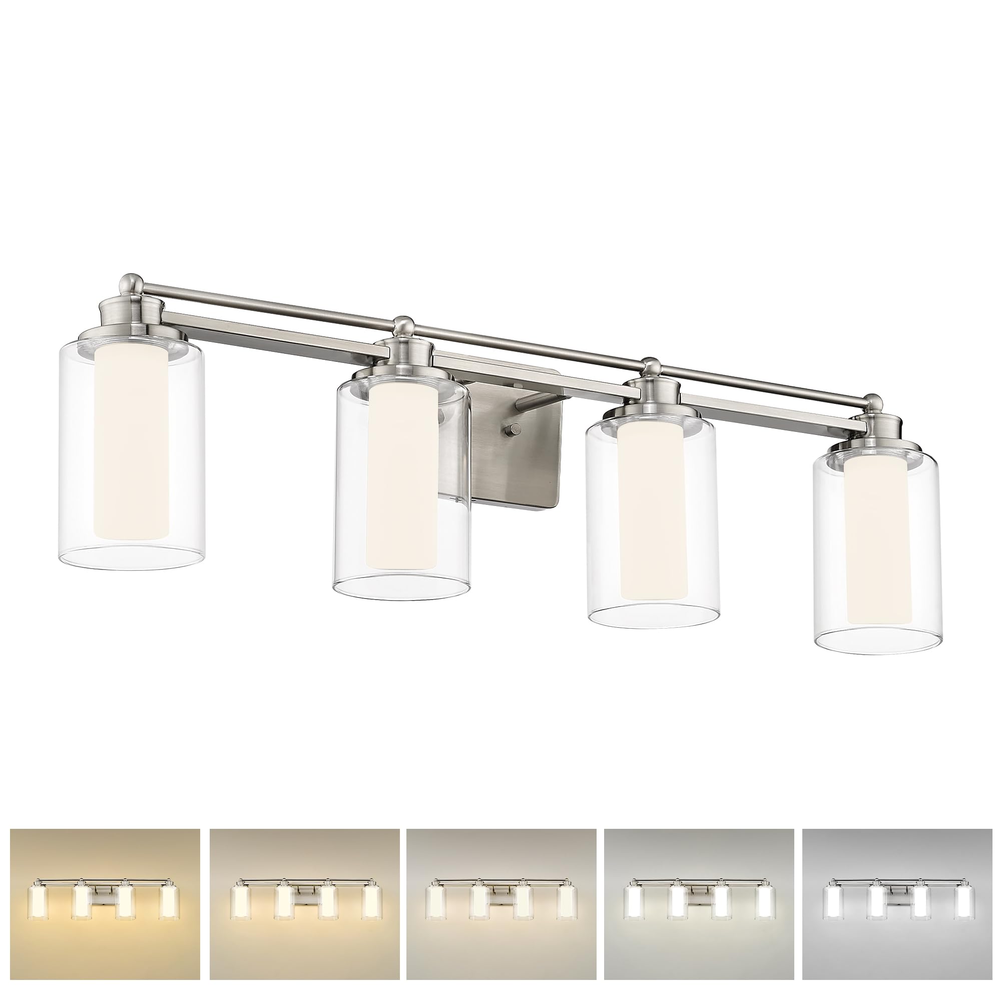 HWH 4 Light Modern Bathroom Vanity Lights Over Mirror, Brushed Nickel Dimmable 24W LED, 5CCT