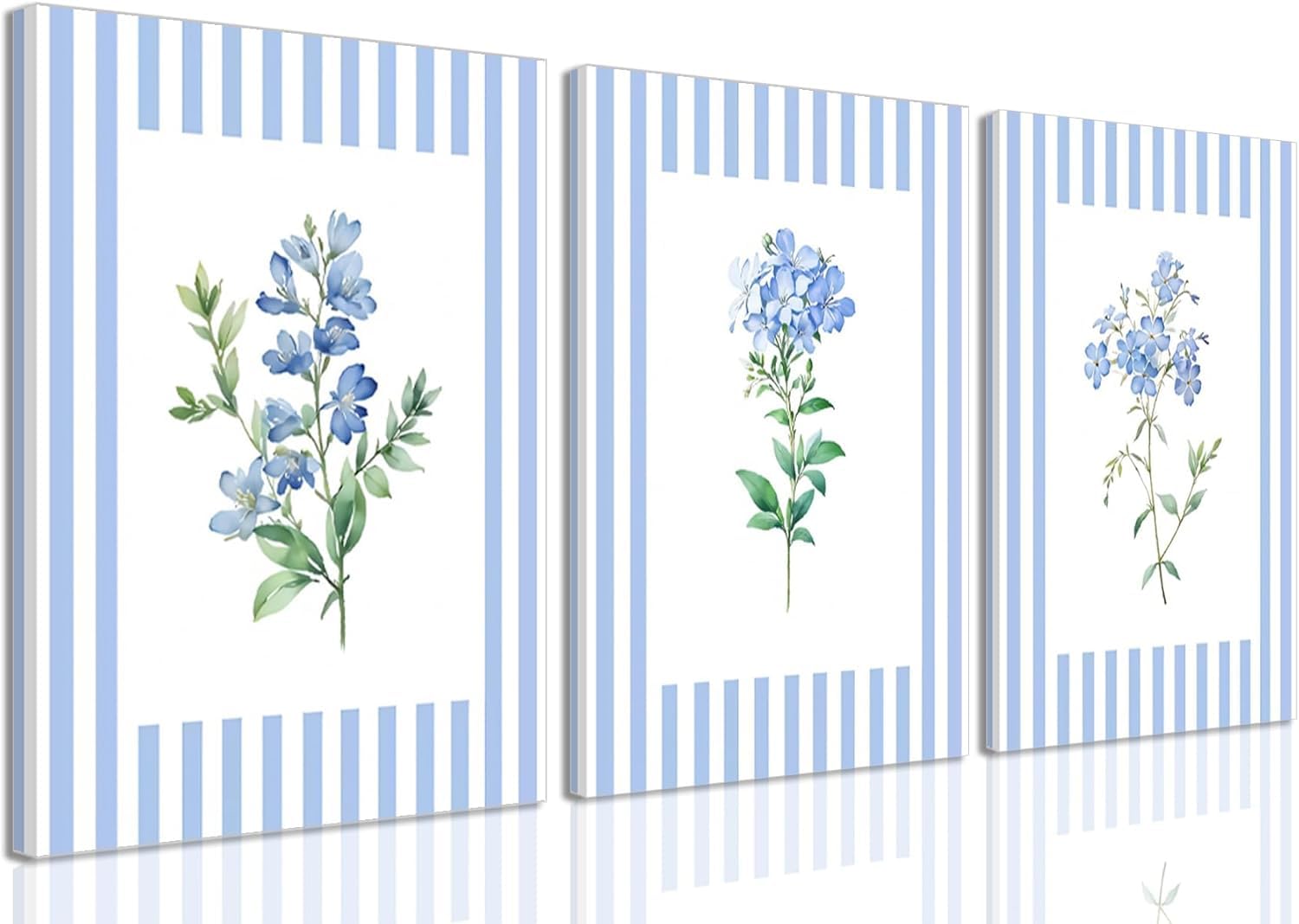 lianyibo Set of 3 Rustic Blue and White Striped Floral Canvas Wall Art Retro Cottagecore Botanical Flower Posters Prints Decor(70x100cmx3/Inner frame)