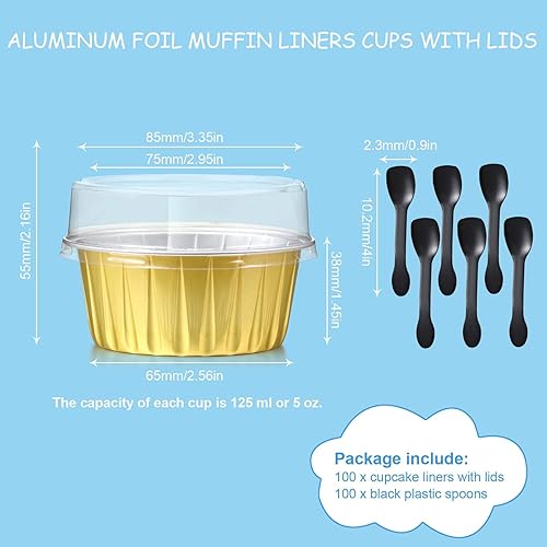 Miniatura 5 de Juego de 200 moldes para magdalenas de 4.2 fl oz con tapas y cucharas, 100 moldes reutilizables de papel de aluminio de 5 onzas, 100 mini cucharas