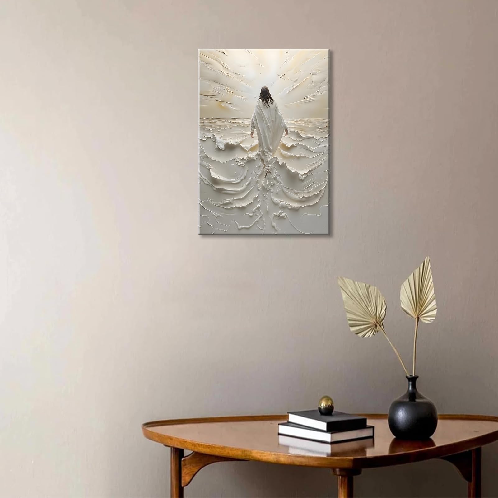 Abstract Jesus Walking on Water Canvas Wall Art Christian Spiritual Wall Decor Pictures Divine Light Modern Religious Posters Prints for Living Room Bedroom Church Decoration 12x16in