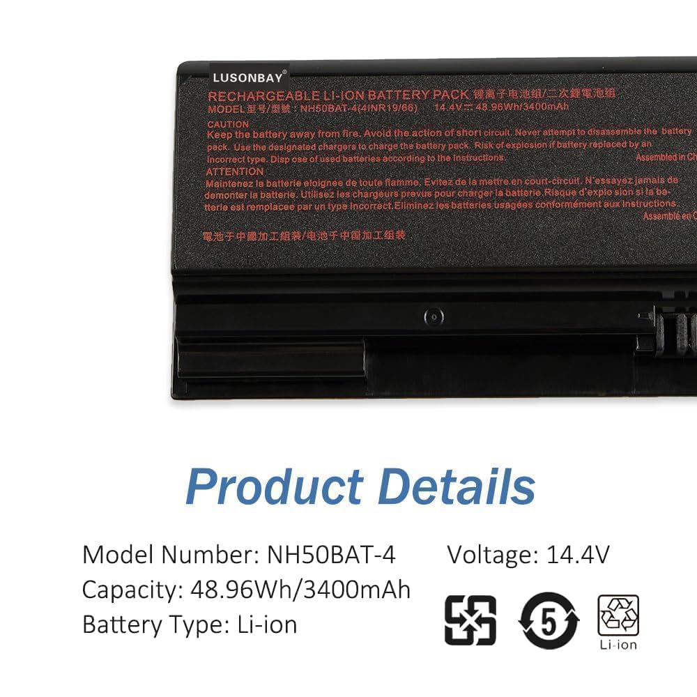 NH50BAT-4 bateria do laptopa Clevo NH50ED NH50RA, NH50RC, NH50RD, NH50RH, NH55EDQ, NH55RAQ, NH55RAQ NH55RCQ, NH55RDQ, NH55RGQ, NH55RHQ, NH57RA, NH55RA, NH55 7RC, 7RC, NH57RD, 14.4V 48.96Wh