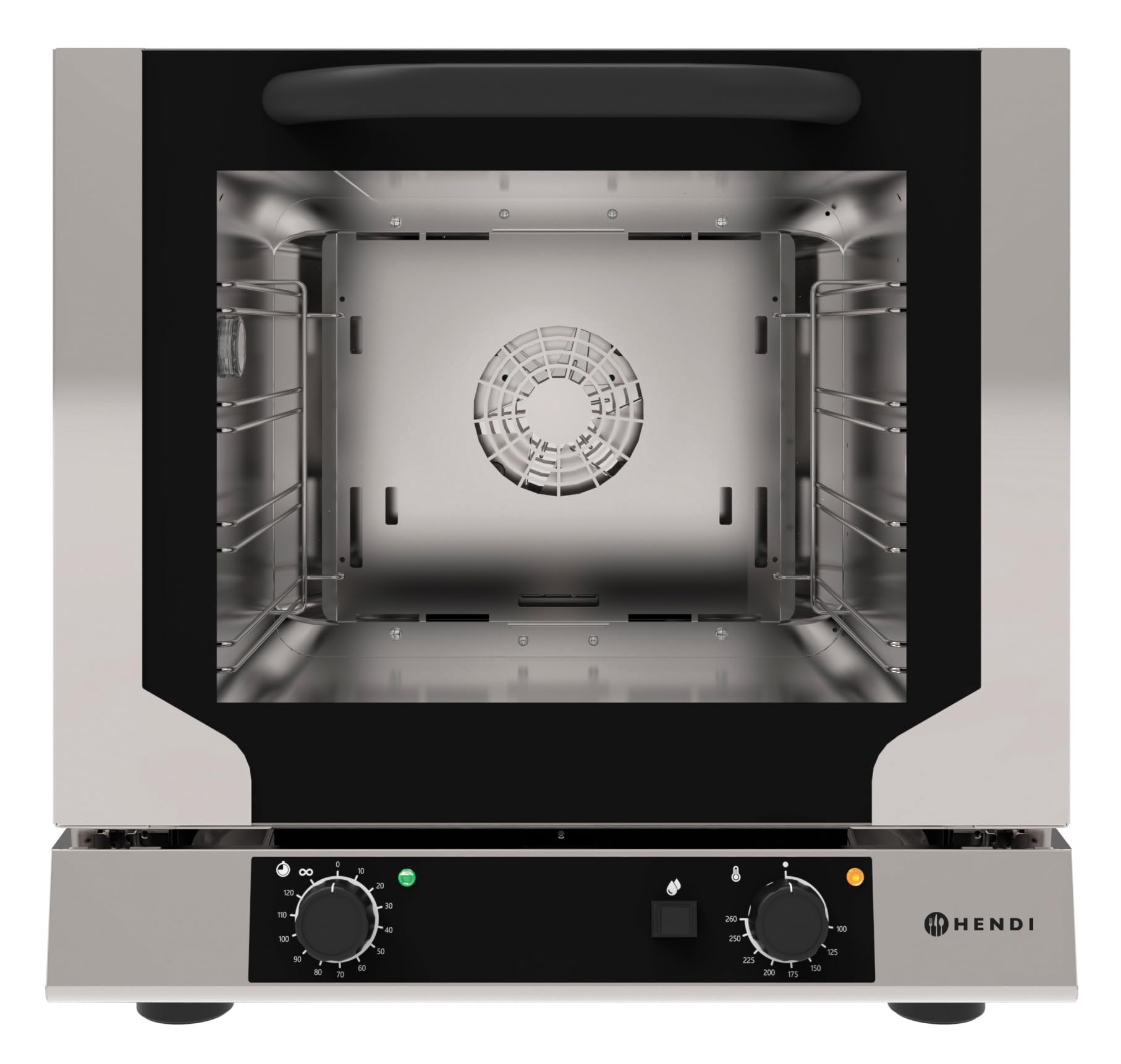 HENDI Heißluftofen mit Beschwadung, Compact, mit 4x Backbleche, mit 1 Lüfter, Temperaturbereich: von 100° bis 260°C, Heißluft- mit Dampf-Backofen, Umluftofen, 230V/3200W, 590x709x(H)589mm, Edelstahl