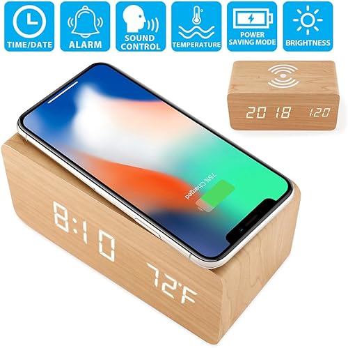 Miniatura 2 de Oct17 - Reloj despertador de madera con almohadilla de carga inalámbrica Qi compatible con iPhone, Samsung, reloj digital LED de madera, función