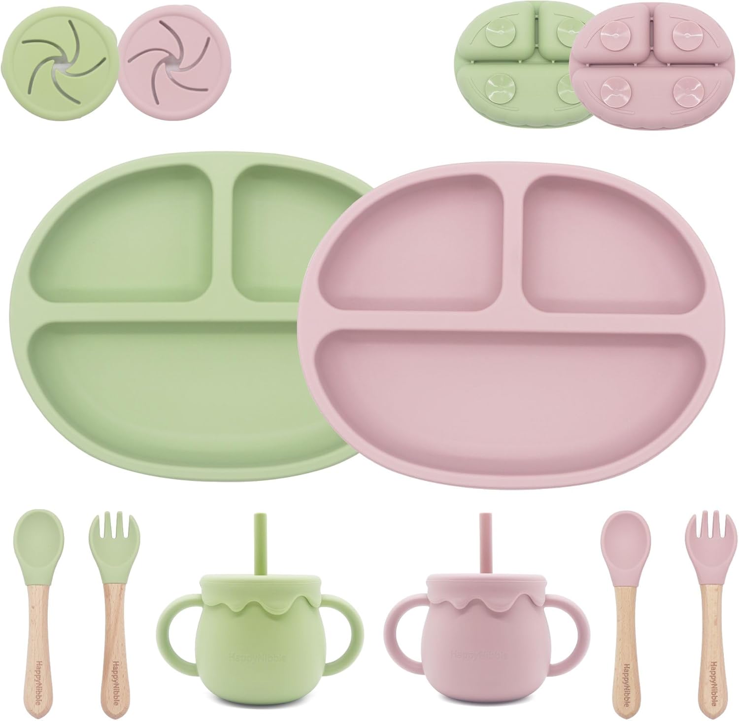 Silicone Feeding Set for Babies and Toddlers, 2 Pack - Divided Suction Plates with Lids for Picky Eaters, Two 2-In-1 Cups, and Utensils, Baby Shower Gifts Set, BPA-Free