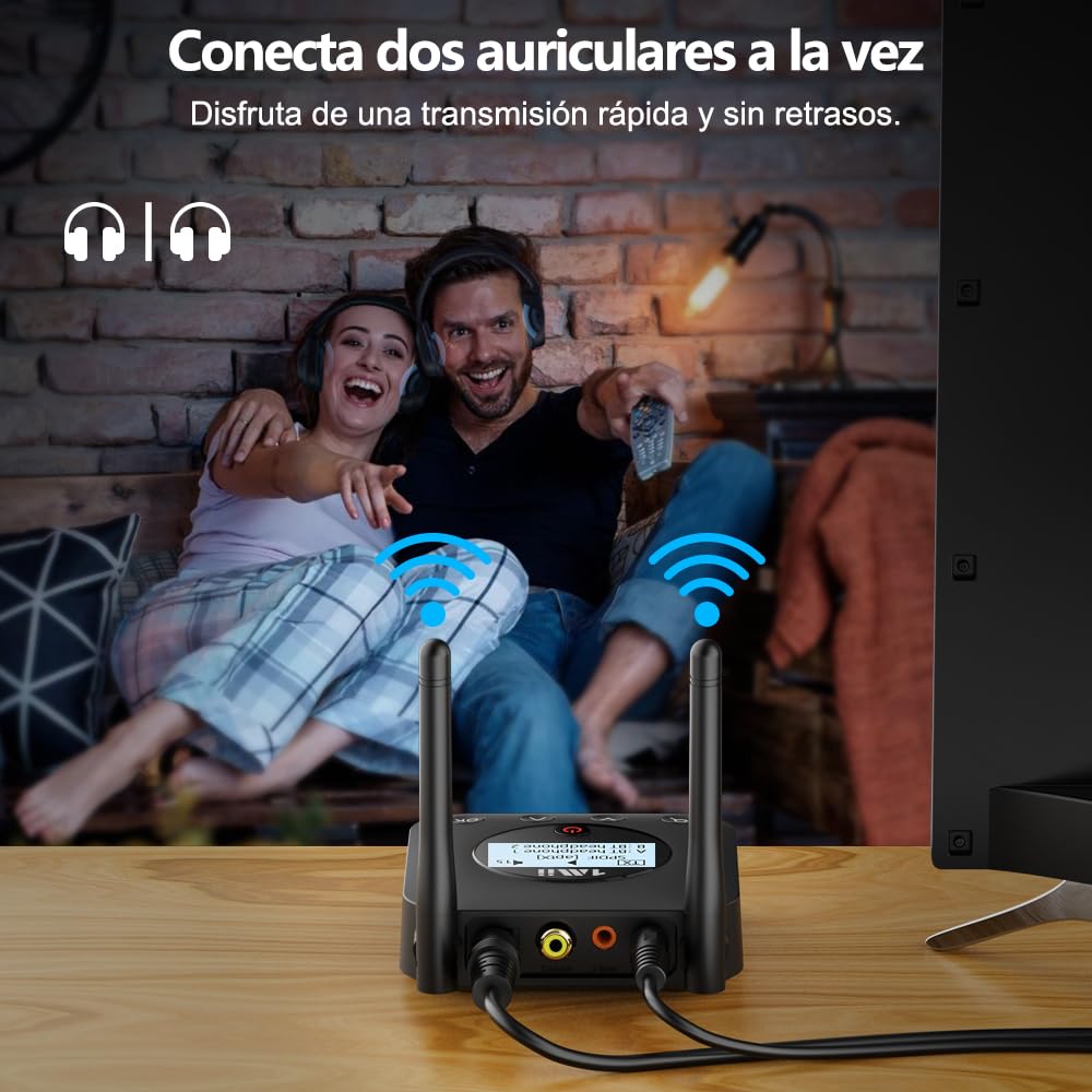 1Mii B06TX+ Transmisor Bluetooth 5.3 para TV, Adaptador Bluetooth Audio Entrada Óptica/AUX/Coaxial con Pantalla Fácil de Conectar con 2 Auriculares, Control de Volumen, aptX LL/HD, Largo Alcance