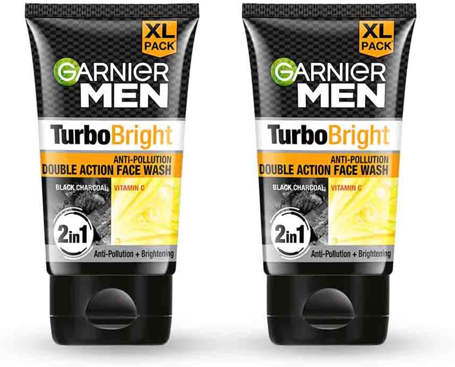 Garnier Men Turbo Bright Double Action Face Wash, Deep Cleansing Anti Pollution Face Wash with Charcoal and Vitamin C, Suitable for all Skin Types, 150g x2 (Pack of 2)