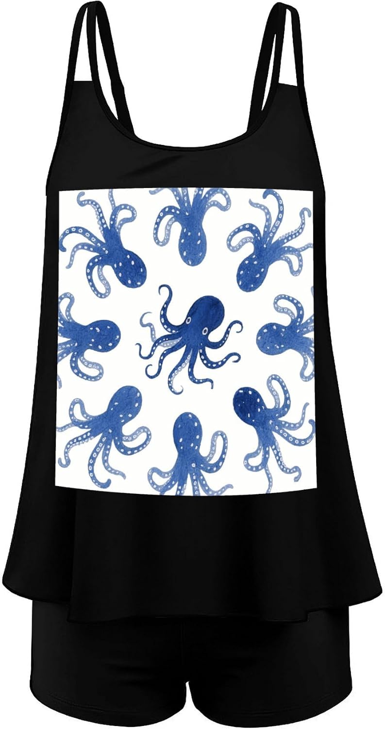 Blue Octopus Tankini Swimsuits for Women Tummy Control Two Piece Bathing Suits Swim Tops with Boy Shorts