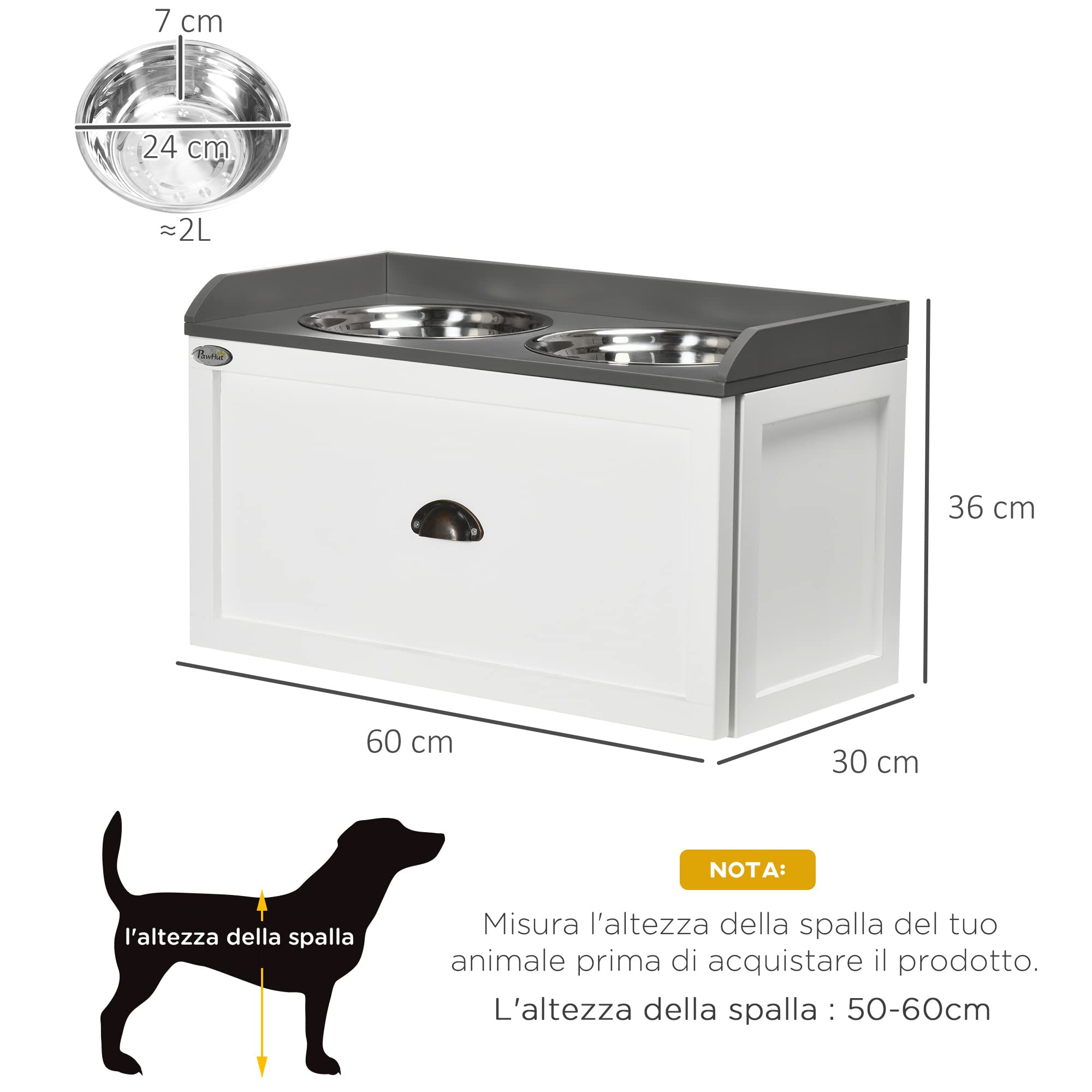PawHut Ciotole per Cani Rialzate in Acciaio Inox, Portaciotole per Cani in Legno con Cassetto Portaoggetti per Cane Grande, 60x30x36 cm, Bianco