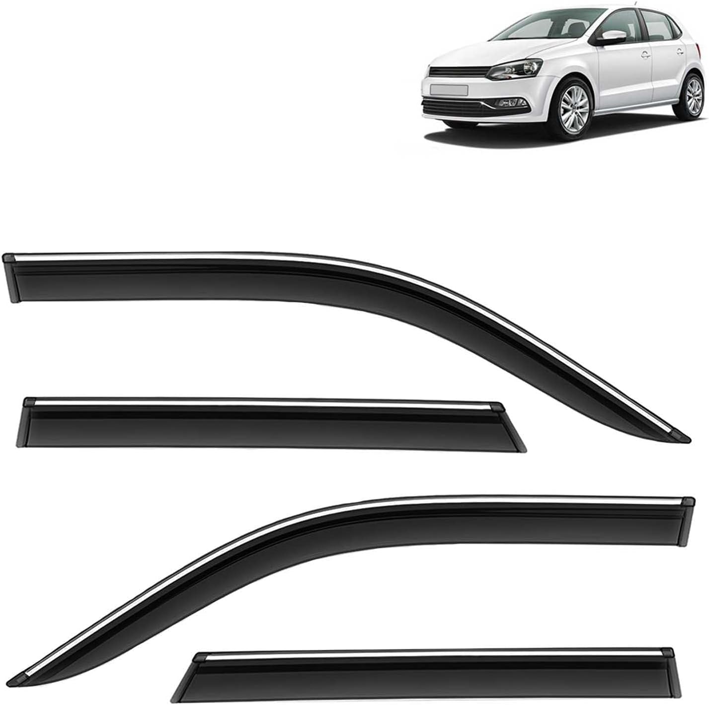 KINGSWAY Accessories Chrome Lining Door Visor Only Compatible with Volkswagen Polo (Year 2009 to 2022) All Model, Premium Chromeline Unbreakable Car Rain Guard Side Rear Wind Deflectors, Set of 4 Pcs