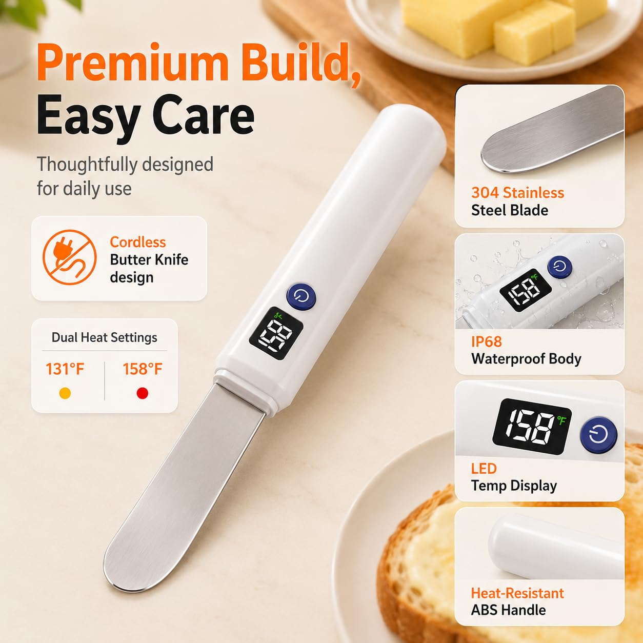 Esparcidor de cuchillos de mantequilla calentado inalámbrico: 2 configuraciones de calor (131 °F y 158 °F), resistente al agua Ip68, derrite rápidamente mantequilla dura fría y aceite de coco, queso