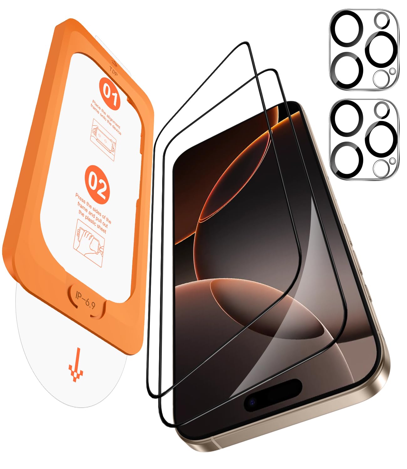 OMOTON für iPhone 16 Pro Max für Panzerglas, Auto-Installation, kompatibel mit iPhone 16 Pro Max Kameraschutz, 2+2 Stück, Bläschenfrei, 9H Härte Folie, 6,9 Zoll