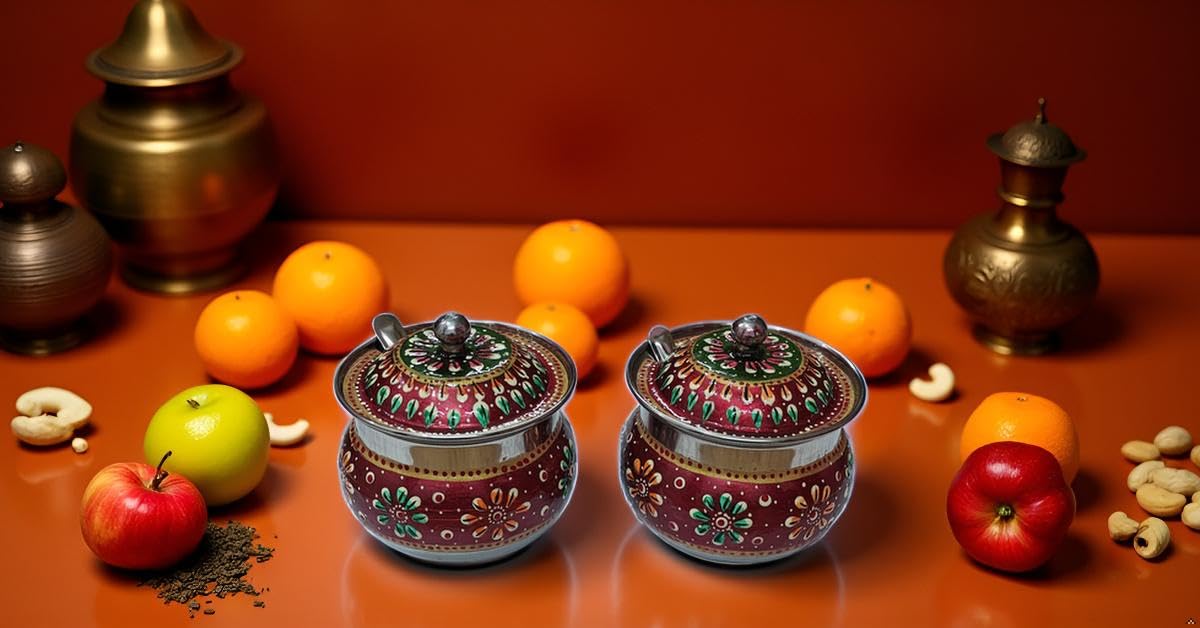 Rastogi Handicrafts Stainless Steel Decorated Bowl with lid and Spoon for Tea and Sugar Storage Bowl (Red, Pack of 2) 2