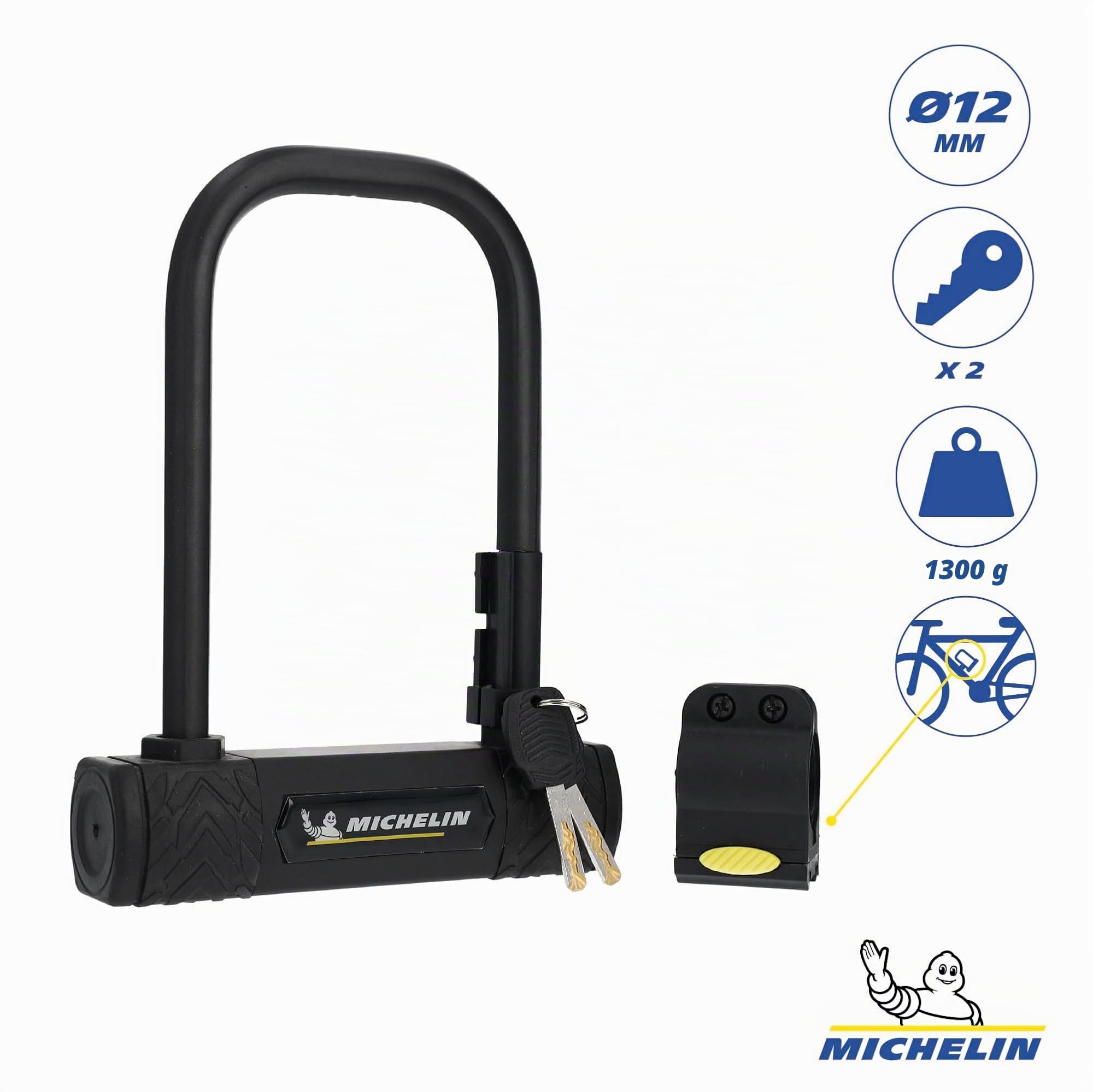 MICHELIN - Antivol U à clés 170 x 105 mm - Support inclus - Soft touch - Protection caoutchouc - Cadenas avec couvercle anti-poussière - Fixation cadre et roue - Convient à tous vélos - Poids 1.3kg