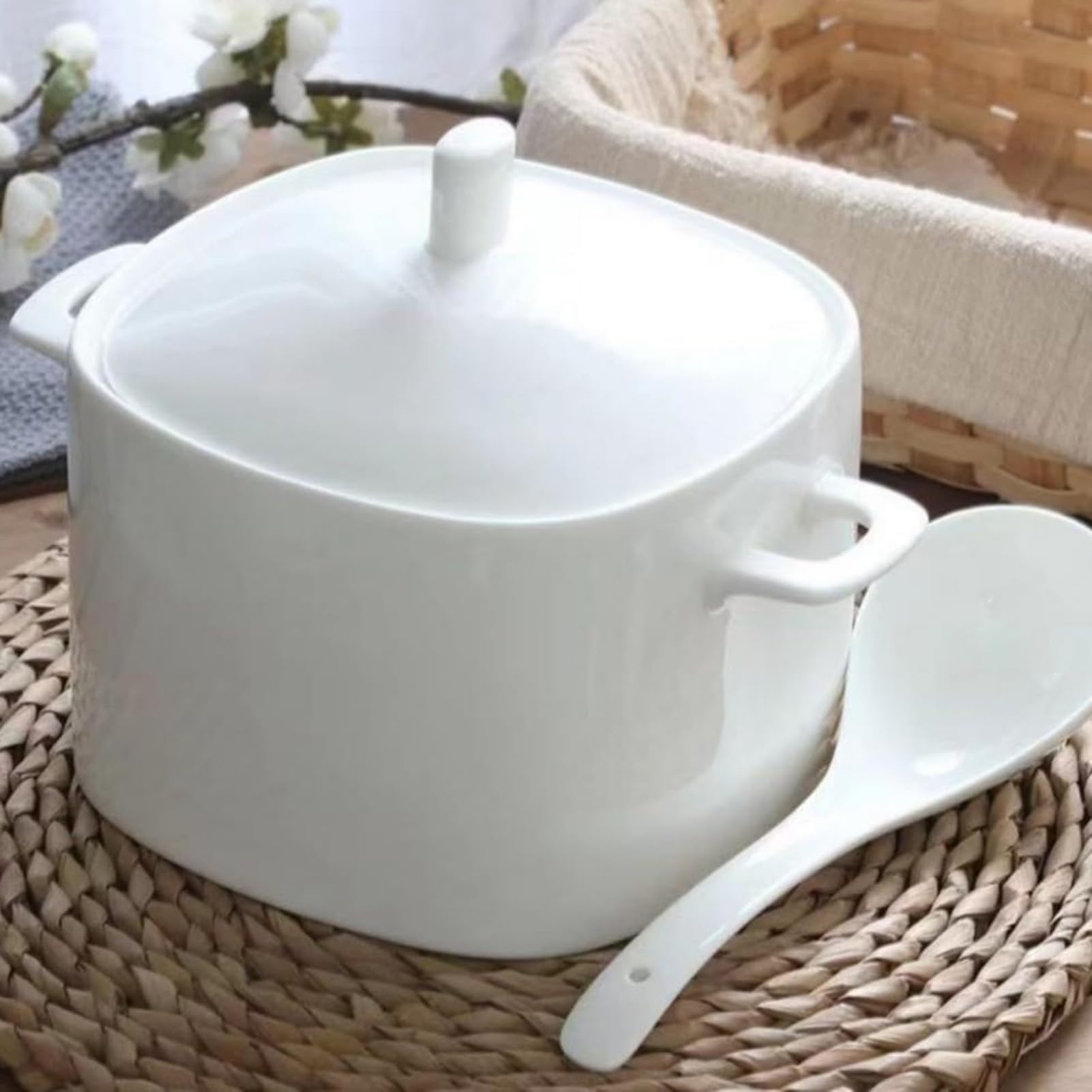 Große Keramik-Suppenterrine, Weiße Porzellan-Suppen-Servierschüssel Mit Deckel Und Schöpfkelle-Set, Bone China-Schüssel For Die Dekoration Im Restaurant, Zu Hause, In Der Küche, Mikrowellen