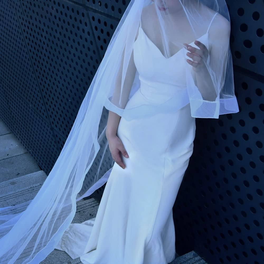 Nozze Long Wedding Veil Cathedral Length Veil 2 Tier Sparking Bride Veil with Blusher Rhinestone Edge Veiled Collection (Color : Ivory, Size : 200cm)