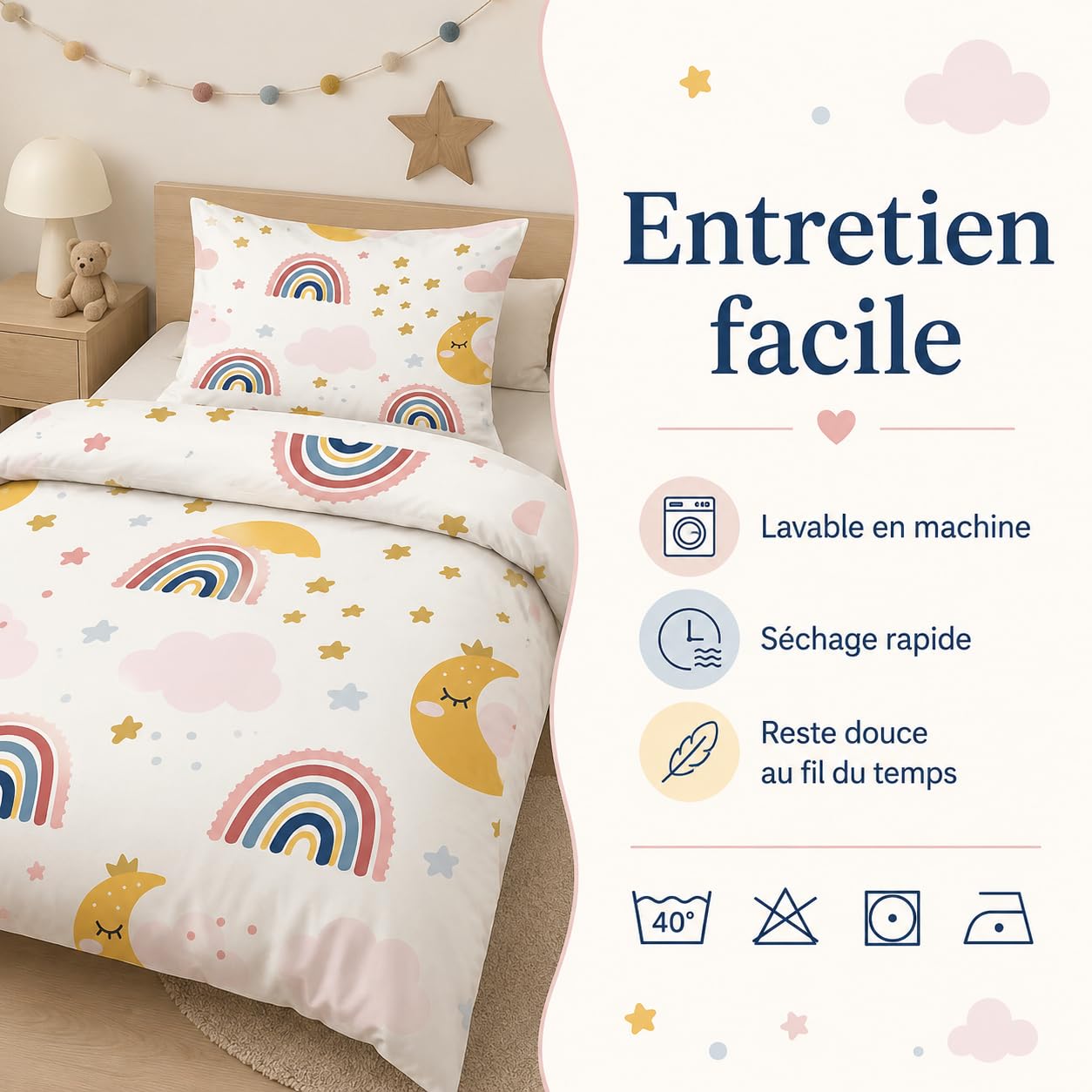 Parure de lit pour Enfant et BéBé étoiles Étoile Housse de Couette 100x135 cm Bebe et Taie d'oreiller 40x60 cm, Lune Jaune Réversible Ensemble de Literie Linge de Lit pour Tout-Petits