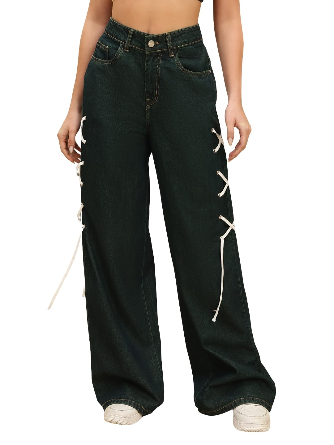 puella Women Green Tint High-Rise Loose Fit Jeans with Side Lace-Up Detail-picture-15