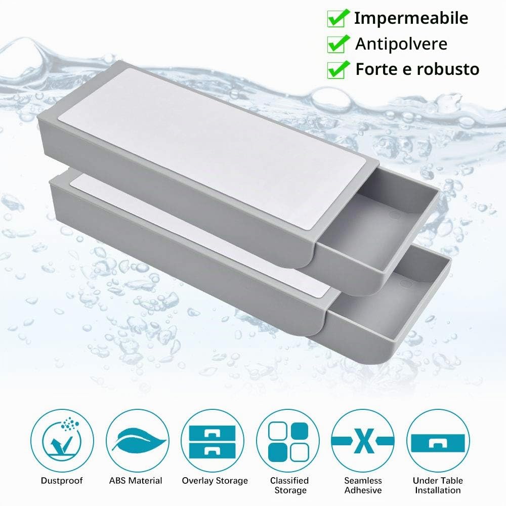 2 cassetti autoadesivi da scrivania sottostruttura grigio Fit Desk cassetto portamatite nascosto sotto plastica organizer da scrivania invisibile per ufficio tavolo
