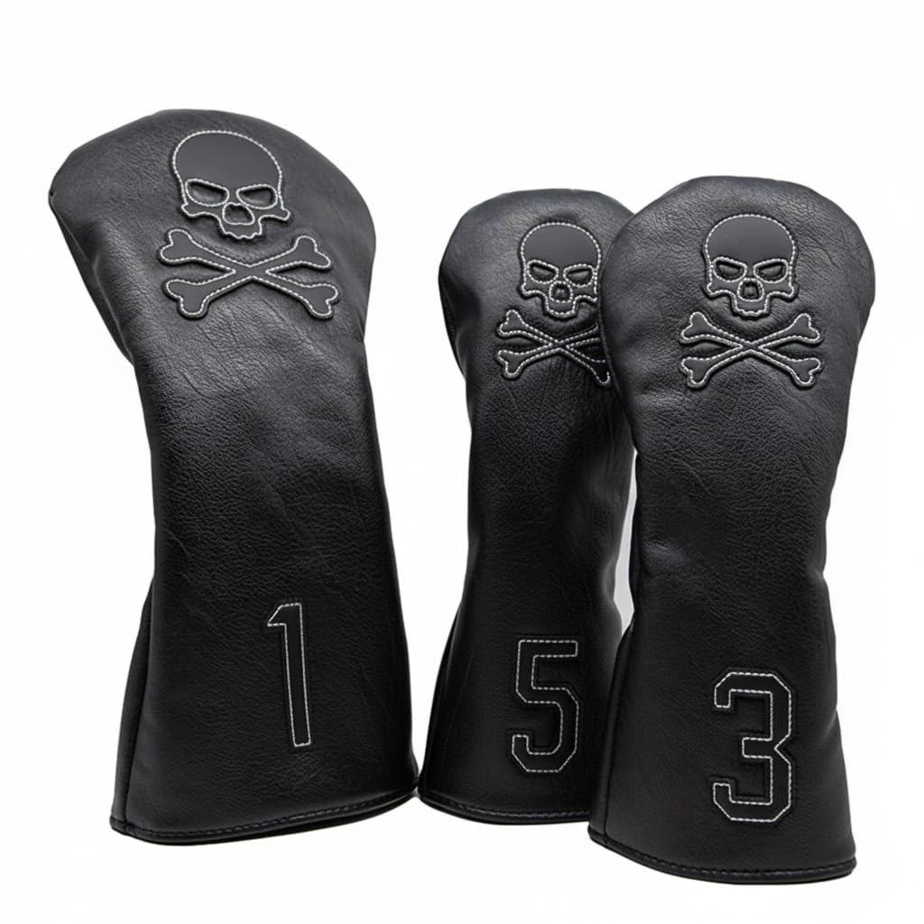 Premium Faux Leather Skull Golf Wood Head Cover Driver Fairway Wood Hybrid Club Cover Set 1 3 5