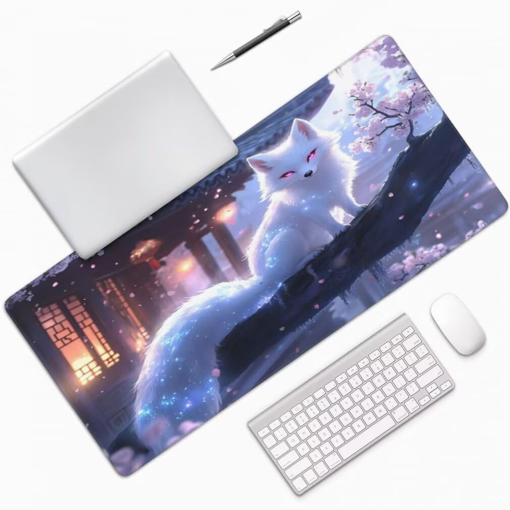 Alfombrilla Raton XXL 1000 x 500 x 3 mm, Mouse Pad Grande Gaming, Alfombrilla de Raton Zorro Blanco Mousepad Lavable Desk Mat para Juegos Y Oficina, Impermeable y Antideslizante (Patio) -MP1557