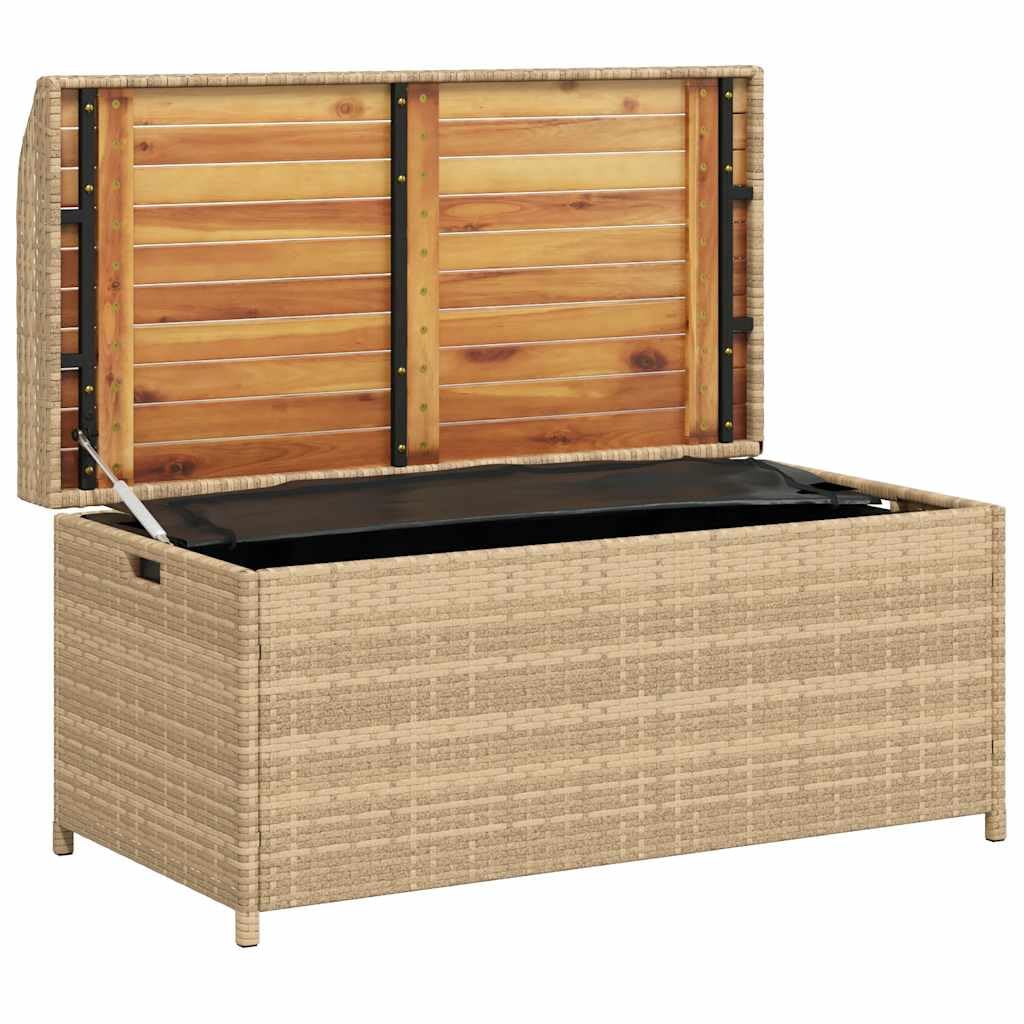 Ławka do przechowywania polirattanowa beżowa 100 x 50 x 52 cm | Odporna na warunki atmosferyczne, sprężyna gazowa, wodoszczelna torba wewnętrzna, ławka do siedzenia z pudełkiem do