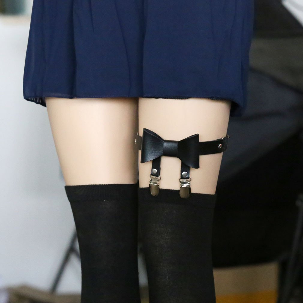 Adjustable Elastice 2 Rows Leather Leg Harness Garter Belt Punk Gothic Thigh Ring Garter: Black Bowknot With 2 Clips