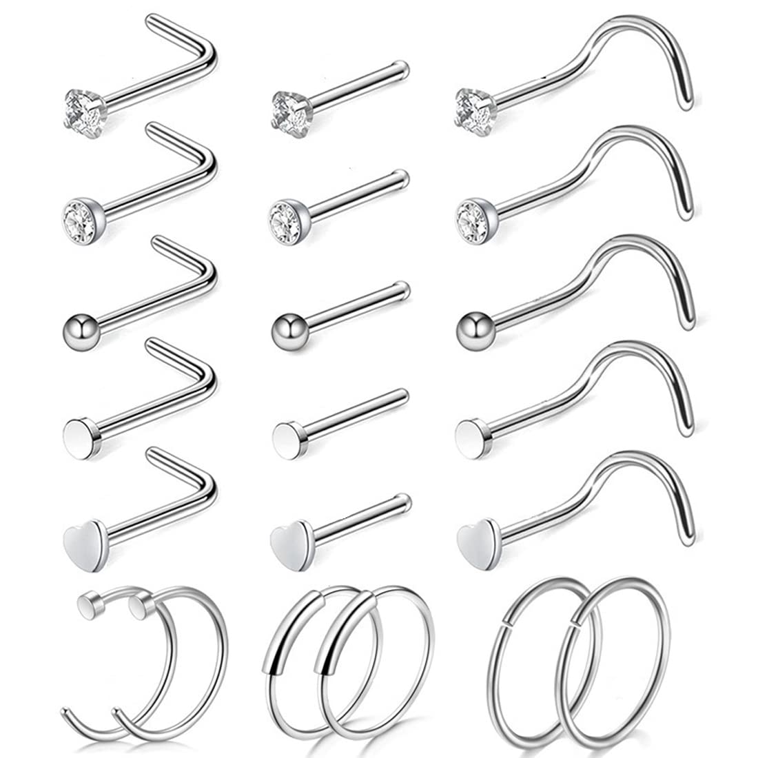 SCJJZ piercing nariz,piercing nariz plata,joyas piercing nariz,septum acero quirurgico,piercing labio,piercing tragus,21 piezas de anillo de nariz de plata de combinación
