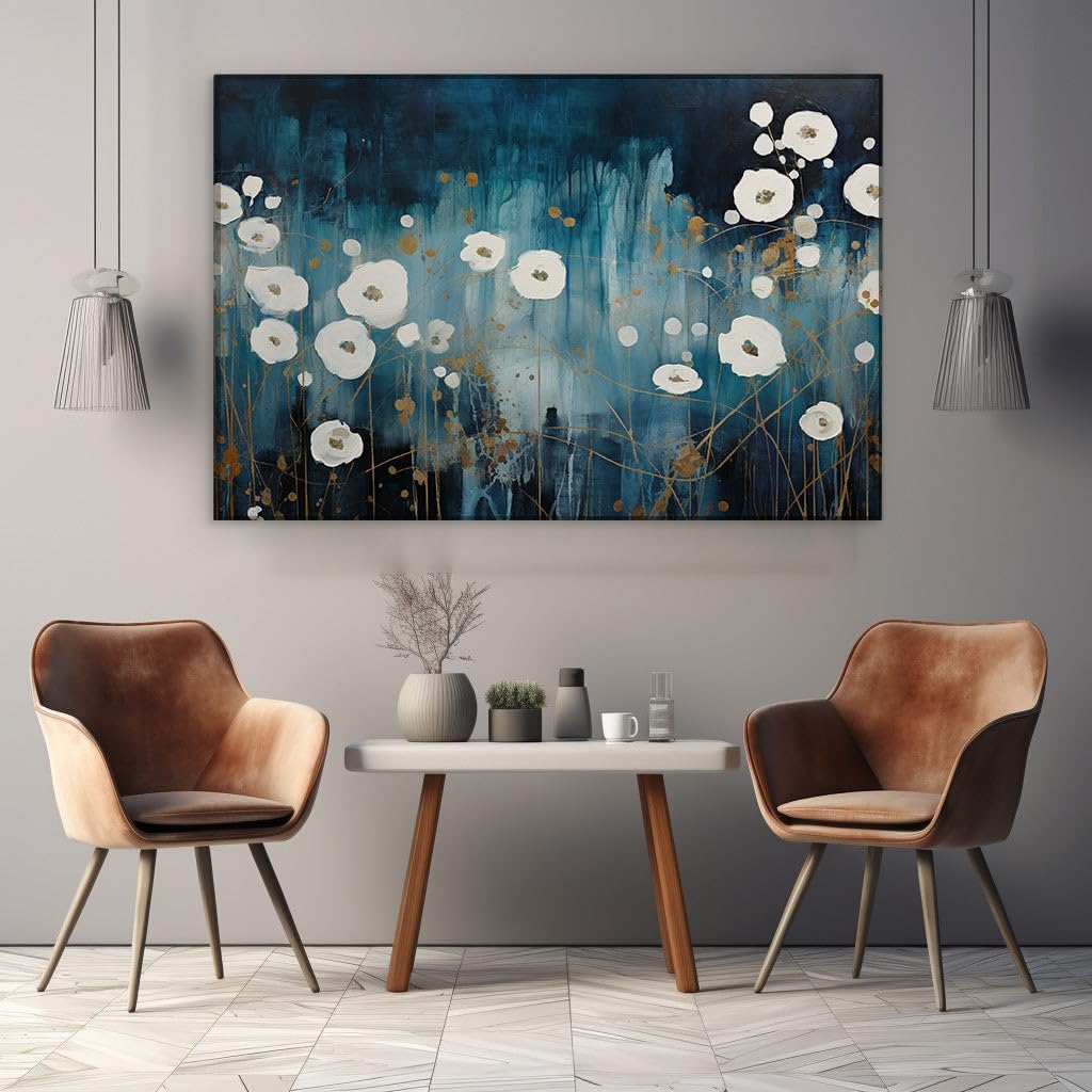 Canvas for Living room. Whispers of Sapphire Mystery: A Canvas Dance of White Blooms and Gold Elegance, 27 x 18 inch Canvas Wall Art - Ready to Hang - 69x46 cm (27x18 inch)