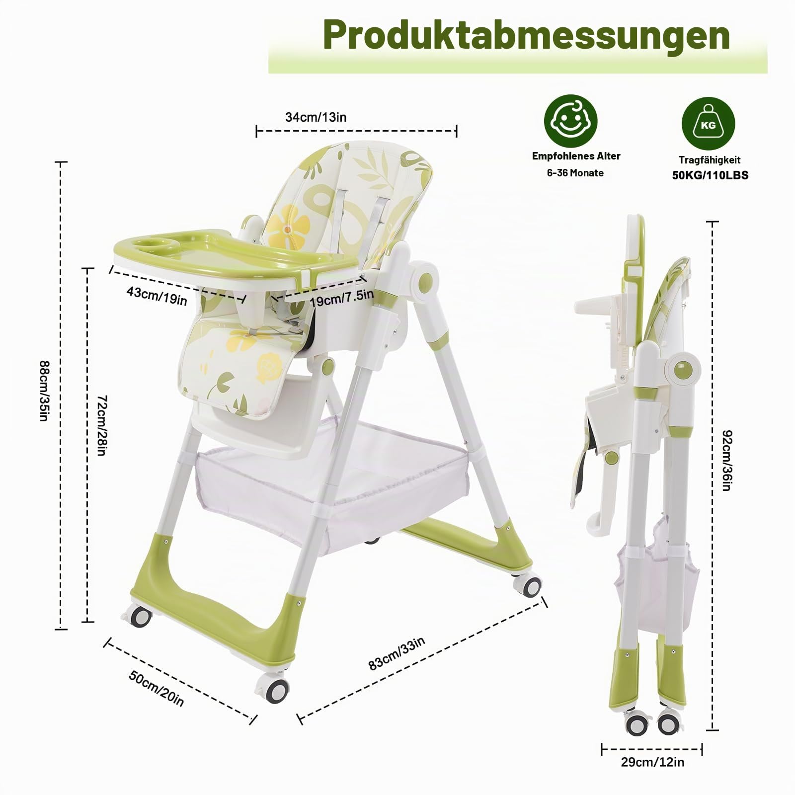 HOMCENT Hochstuhl Baby Klappbar, Kinderhochstuhl mit Fußstütze, Rädern, Verstellbare Höhe und Rückenlehne, Vielseitiger Hochstuhl Baby ab Geburt