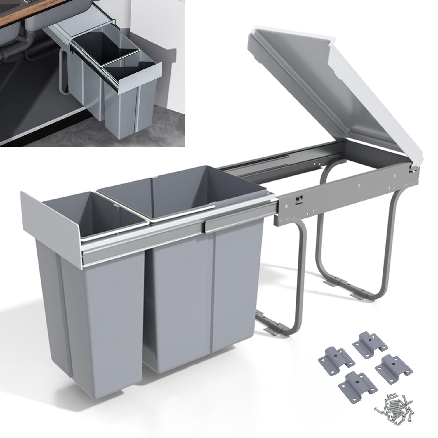 MYOYAY LeHom Sliding Pull Out Trash Can Under Counter Recycling Garbage Bin with Lid Kitchen Cabinet Waste Cans Double 10L + 20L 8 Gallon Cupboard Waste Container, 30 Liters