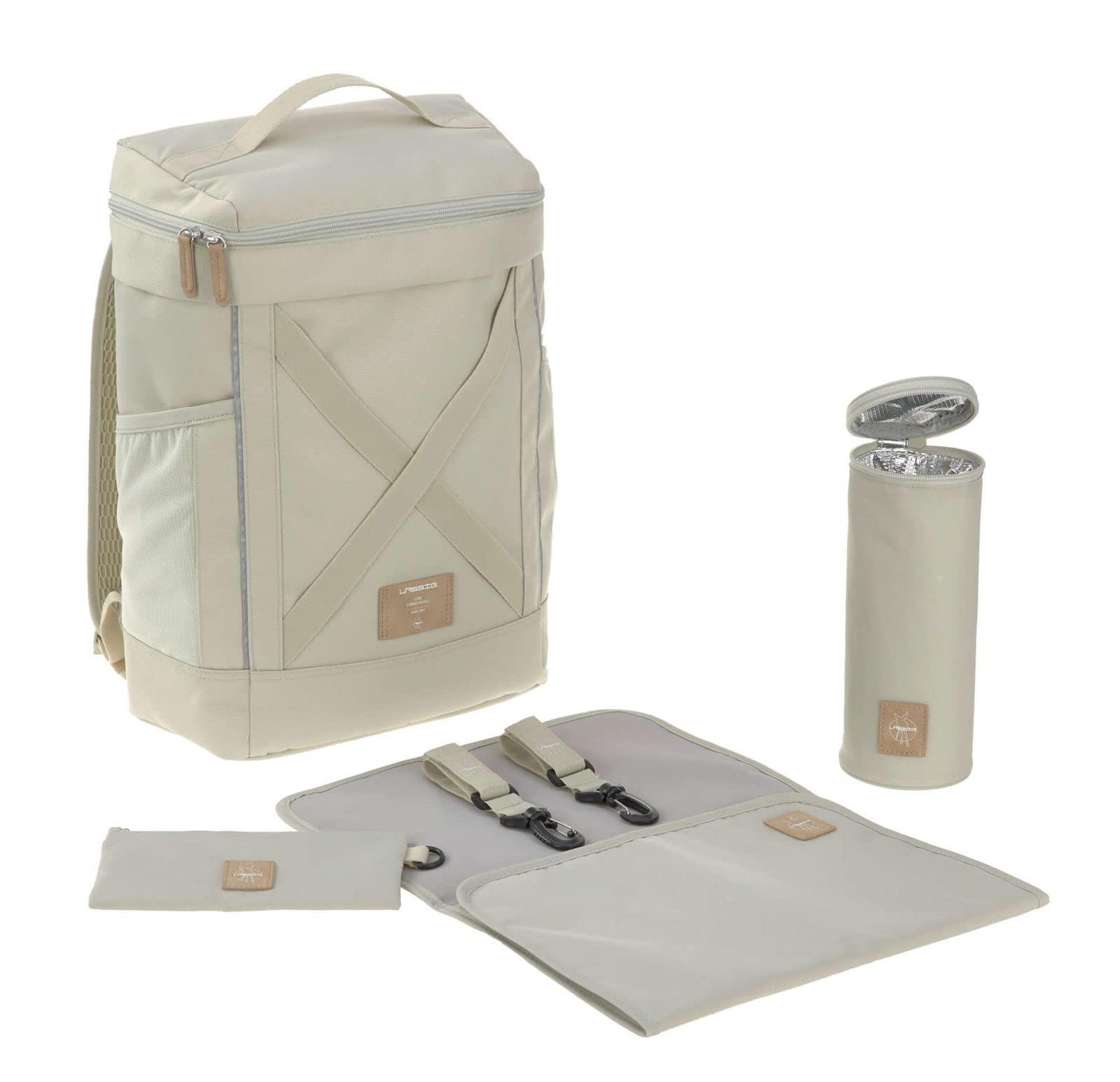LÄSSIG Baby Wickelrucksack Wickeltasche Rucksack mit Wickelunterlage, Kinderwagenbefestigung, Flaschenhalter nachhaltig produziert/Cross Backpack Light Olive, 1103035562