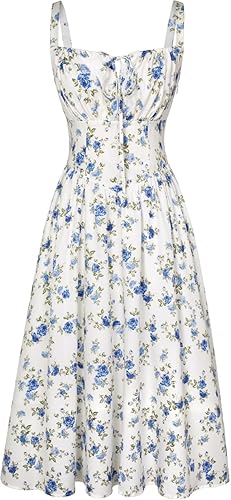 SCARLET DARKNESS Floral Printed Corset Dress Ruched Bust Cami Dress Flowy Sundress - White Blue - Small